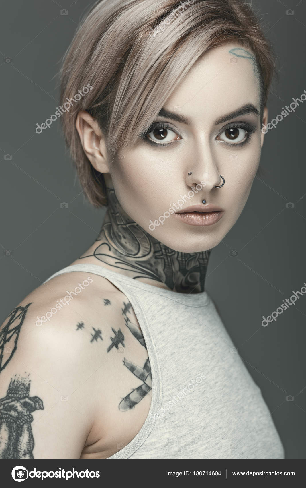 Beautiful Tattooed Girl Isolated Grey — Stock Photo © AllaSerebrina