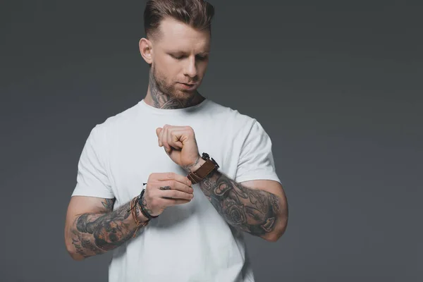 Handsome Stylish Young Tattooed Man White Shirt Wearing Wristwatch Isolated — Stock Photo, Image