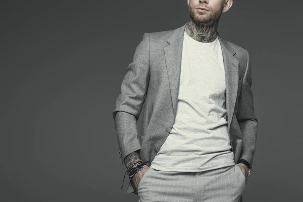 Oříznutý Pohled Stylové Podnikatel Šedém Obleku Izolované Grey — Stock fotografie