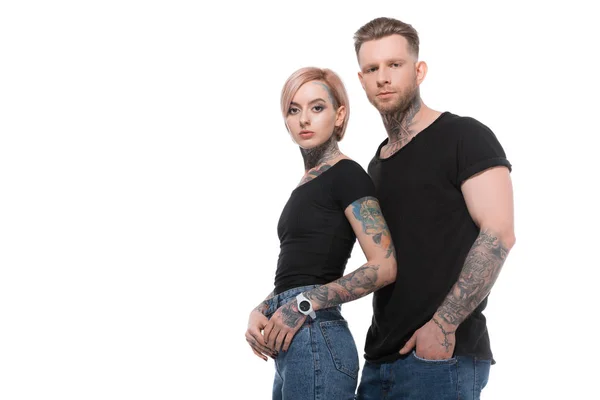 Elegante Pareja Tatuada Posando Juntos Aislado Blanco — Foto de Stock