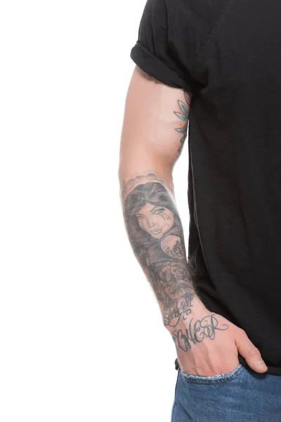 Oříznutý Pohled Tetovaný Muž Izolované Bílém — Stock fotografie