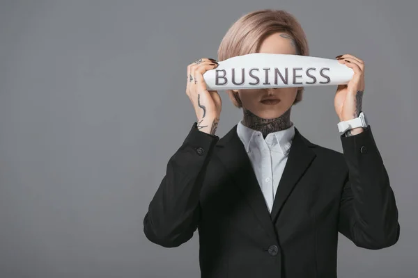 Stylish Businesswoman Closing Eyes Business Newspaper Isolated Grey — Stock Photo, Image