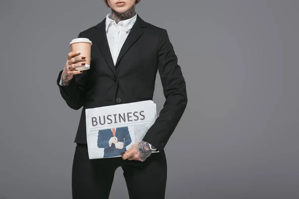 Cropped View Businesswoman Coffee Newspaper Isolated Grey — Stock Photo, Image