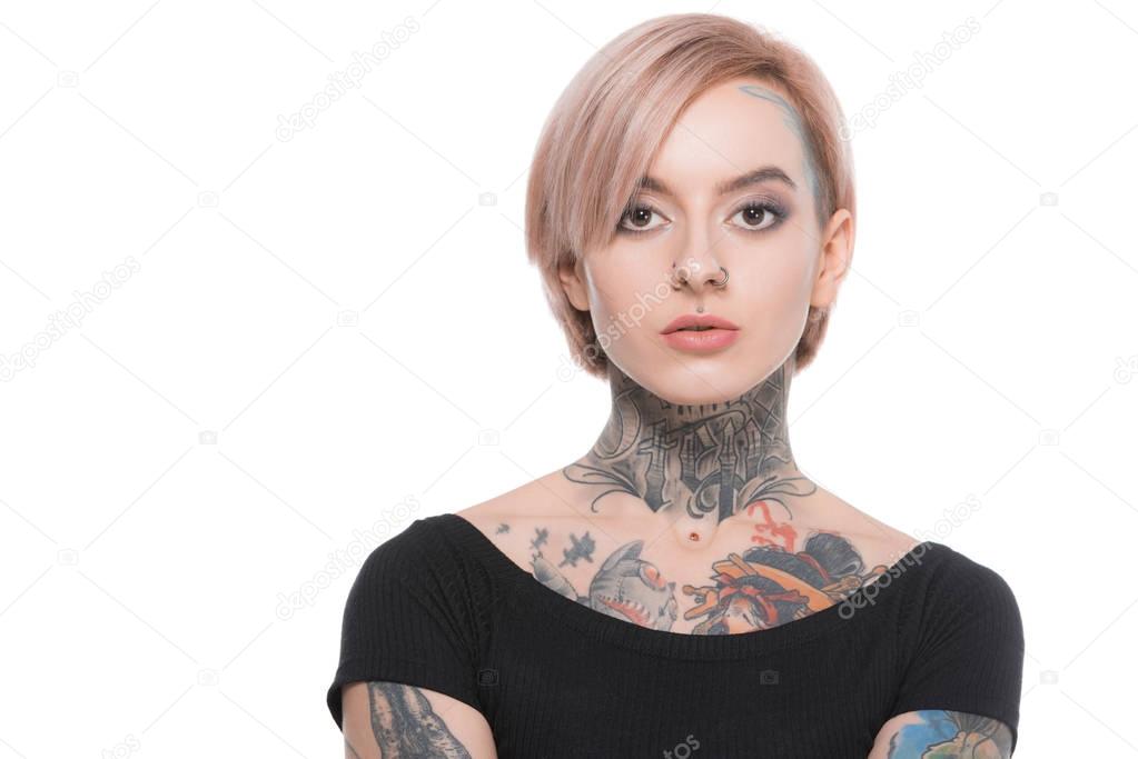 beautiful tattooed girl with pink hair, isolated on white
