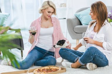 kızlar ve pizza ve bardak kırmızı şarap ile katta oturan köpek 