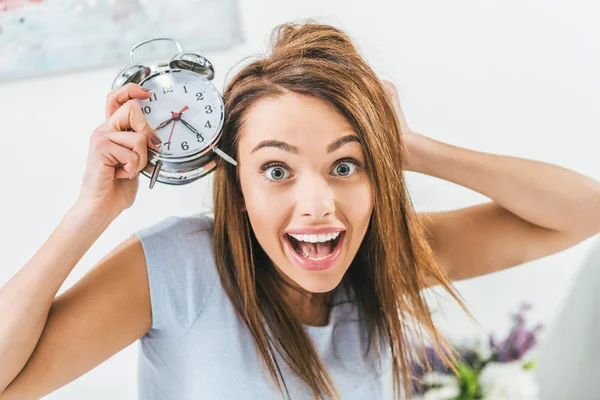 Excited Girl Holding Alarm Clock Looking Camera — Stock Photo, Image