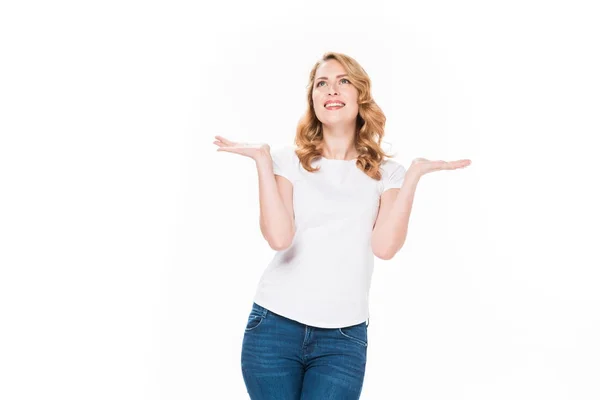 Retrato Mujer Caucásica Feliz Aislado Blanco —  Fotos de Stock