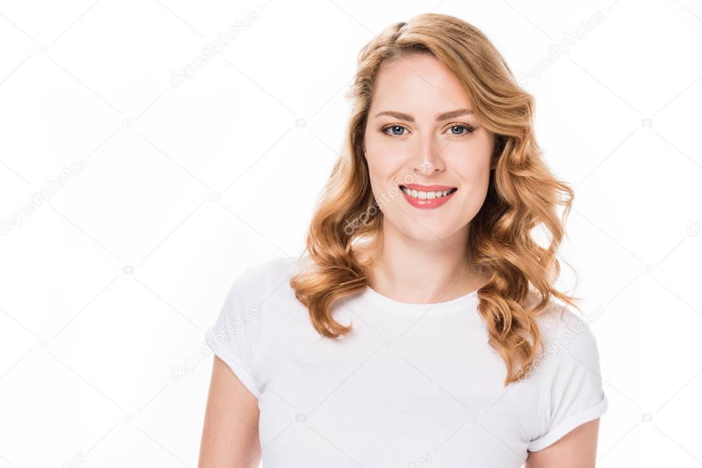 portrait of attractive smiling caucasian woman isolated on white