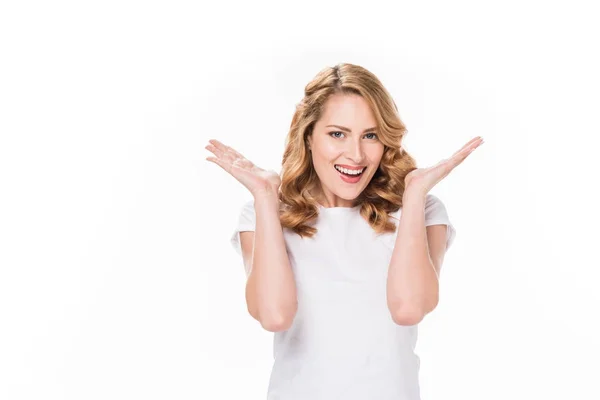 Portrait Excited Caucasian Woman Looking Camera Isolated White — Stock Photo, Image
