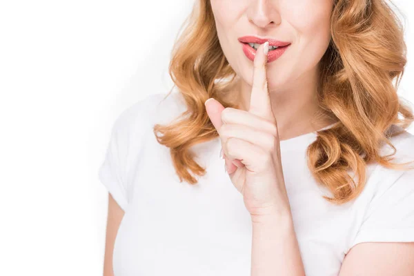 Cropped Shot Woman Showing Silence Sign Isolated White — Stock Photo, Image