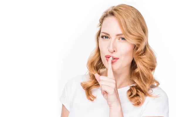 Portrait Attractive Woman Showing Silence Sign Isolated White — Stock Photo, Image