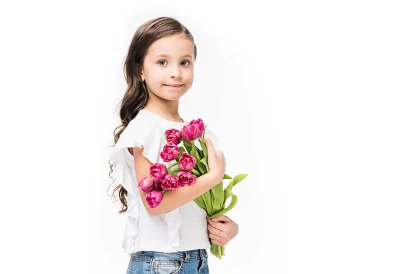 Portrét Roztomilé Dítě Kytici Květin Rukou Izolované Bílém Koncept Den — Stock fotografie