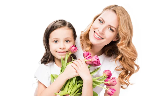 Portrait Happy Mother Little Daughter Bouquet Flowers Isolated White Mothers — Stock Photo, Image