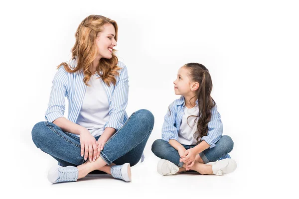Cute Kid Mother Looking Each Other Isolated White — Stock Photo, Image