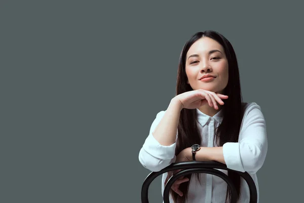 Beautiful Asian Girl Sitting Chair Smiling Camera Isolated Grey — Stock Photo, Image