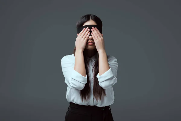 Young Blindfolded Woman Closing Eyes Isolated Grey — Stock Photo, Image