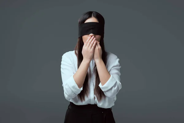 Young Blindfolded Woman Closing Mouth Isolated Grey — Stock Photo, Image