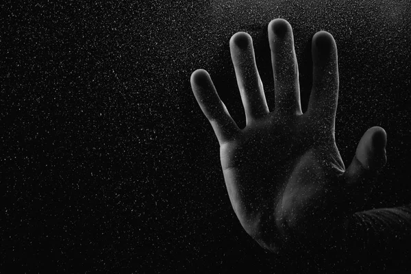 Cropped Shot Person Touching Frosted Glass Palm Darkness — Stock Photo, Image