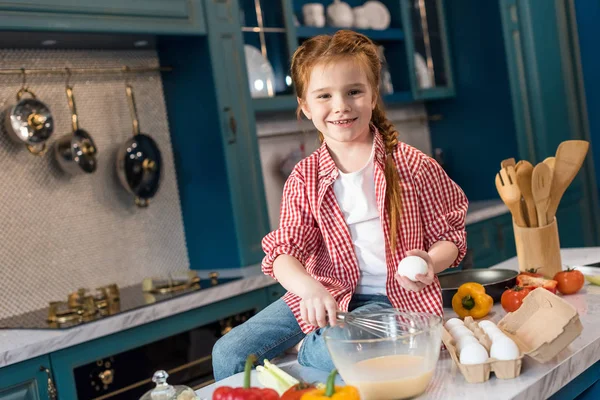 Cute Little Child Whisking Dough Smiling Camera Kitchen — Free Stock Photo