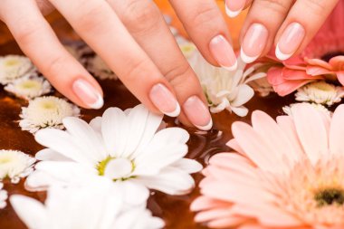cropped view of woman making spa procedure with flowers for nails clipart