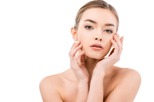 beautiful tender woman with perfect clean skin, isolated on white