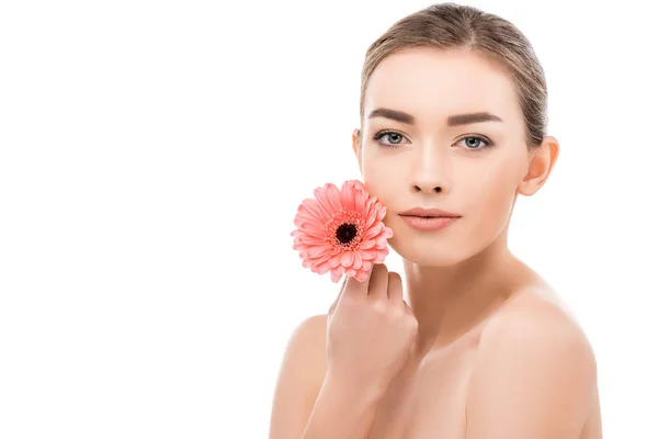 Menina Atraente Com Pele Perfeita Flor Isolado Branco — Fotografia de Stock