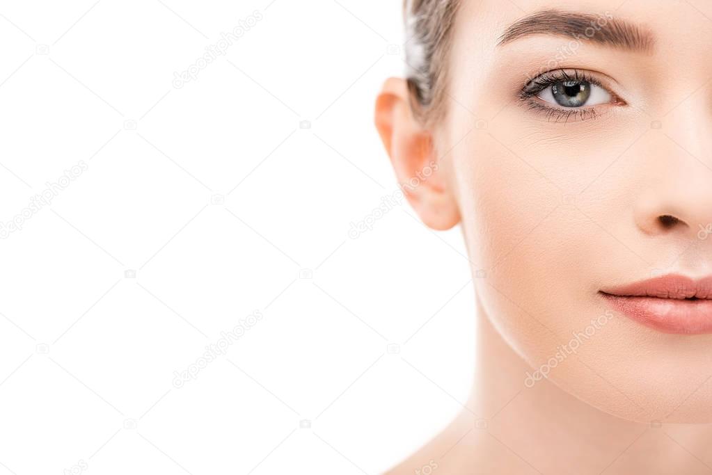 cropped view of attractive woman with clean skin, isolated on white