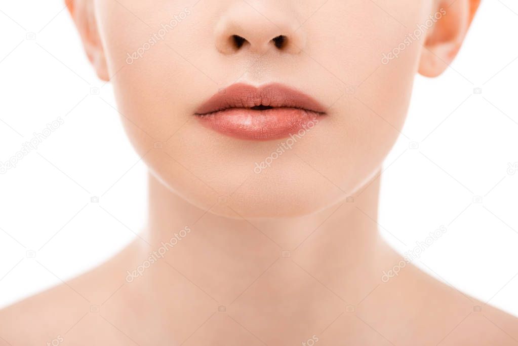 partial view of woman with beautiful lips, isolated on white