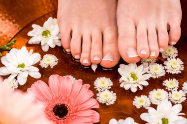 cropped view of woman making spa procedure with flowers for feet clipart
