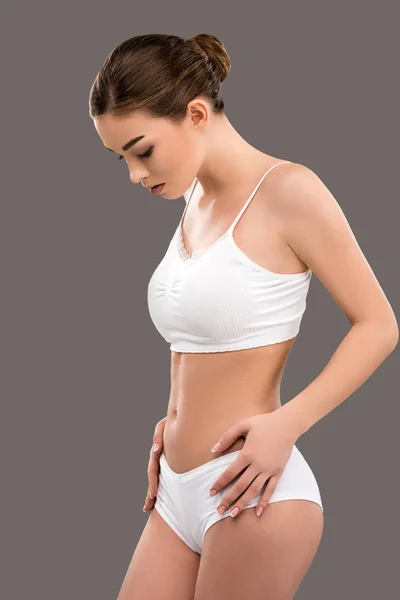 Beautiful Young Woman Posing White Underwear Isolated Grey — Stock Photo, Image