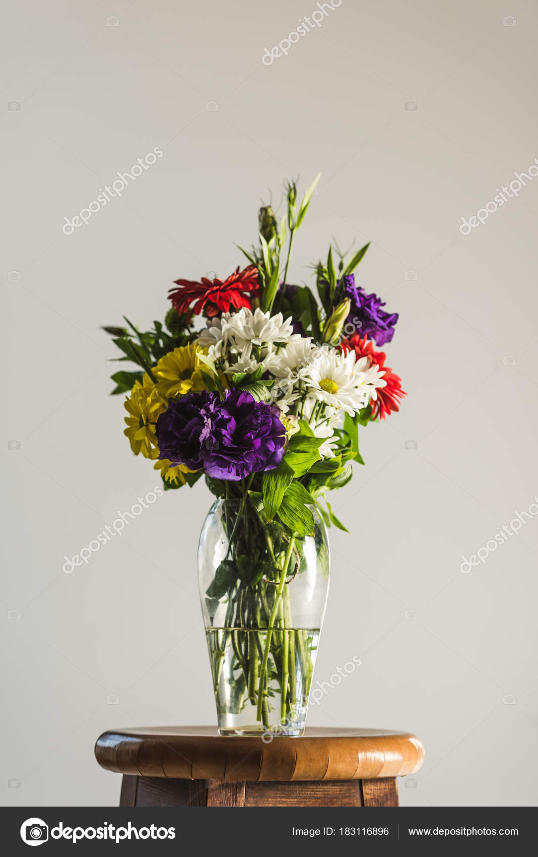 Bouquet Colorful Flowers Glass Vase Isolated Grey — Stock Photo