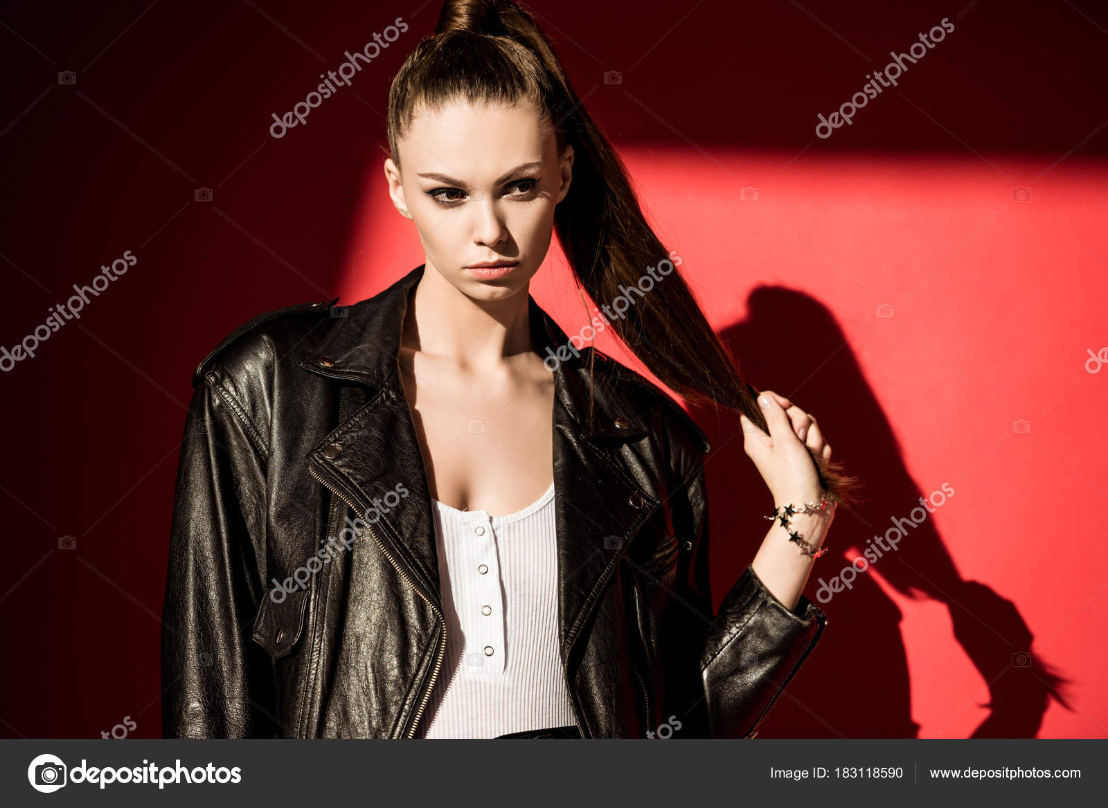 Stylish Girl Ponytail Hairstyle Posing Black Leather Jacket