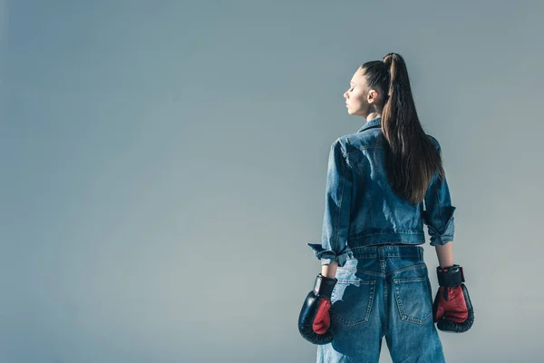 Rear View Model Denim Boxing Gloves Isolated Grey — Stock Photo, Image