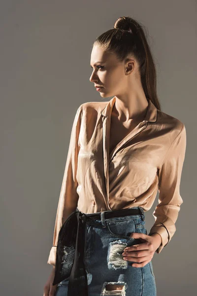 Beautiful Girl Ponytail Hairstyle Posing Blouse Isolated Grey — Stock Photo, Image