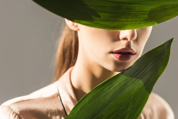 Vacker Flicka Gömmer Sig Bakom Gröna Blad Isolerad Grå — Stockfoto