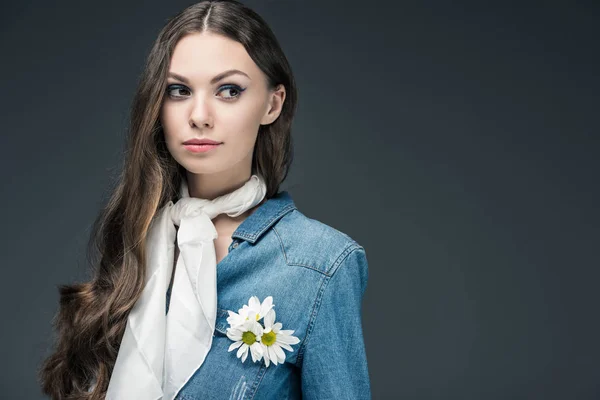 Attractive Girl Long Hair Posing Scarf Denim Shirt Flowers Isolated — Stock Photo, Image