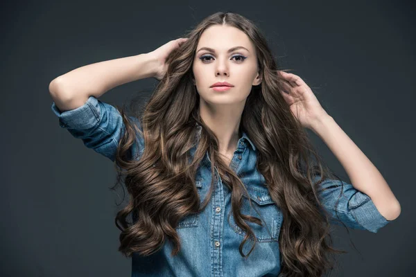 Attractive Girl Long Hair Posing Denim Shirt Isolated Grey — Stock Photo, Image