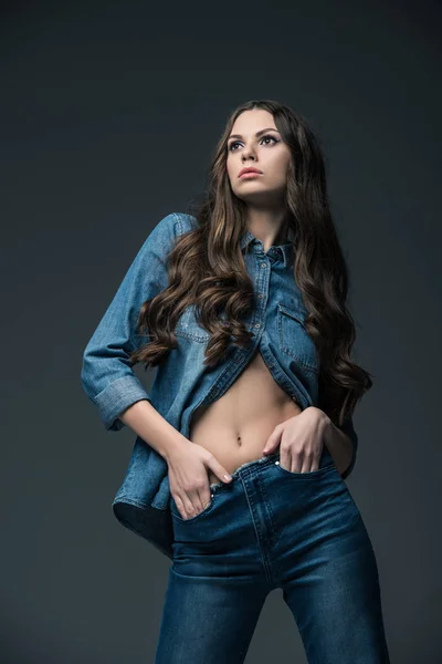 Girl Long Hair Posing Trendy Denim Clothes Isolated Grey — Stock Photo, Image