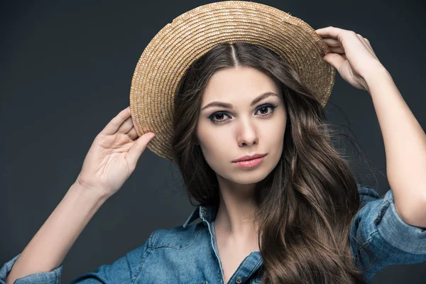 Beautiful Girl Denim Shirt Straw Hat Isolated Grey — Stock Photo, Image