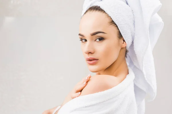 Side View Beautiful Young Woman Bathrobe Towel Head Home — Stock Photo, Image