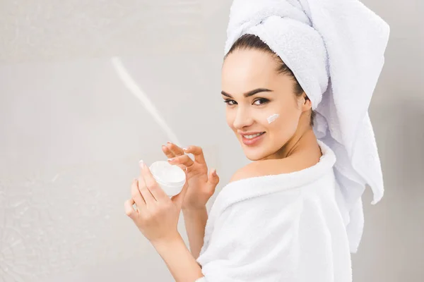 Side View Smiling Beautiful Woman Bathrobe Towel Head Holding Face — Stock Photo, Image