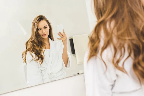 Beautiful Woman Taking Selfie Smartphone Bathroom Home — Stock Photo, Image