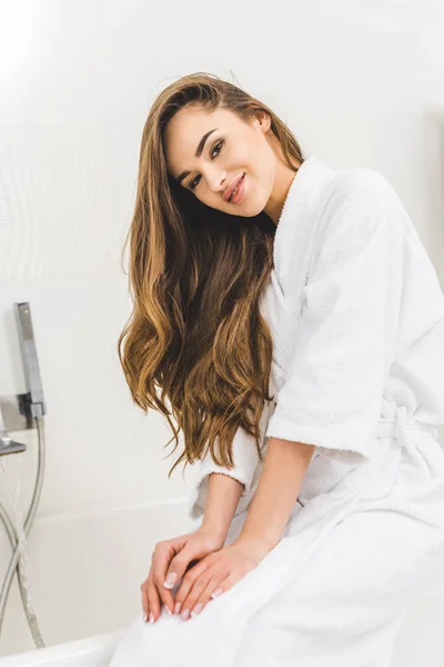 Smiling Woman Bathrobe Sitting Bath Tube Home — Stock Photo, Image