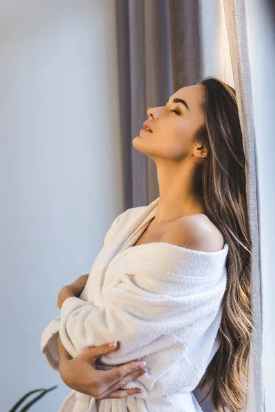 Side View Attractive Young Woman Bathrobe Home — Stock Photo, Image