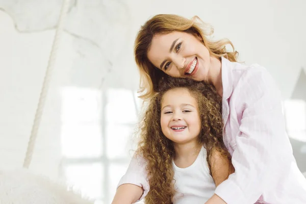 Cheerful Mother Adorable Daughter Looking Camera — Stock Photo, Image