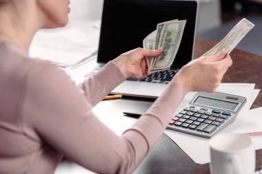 dizüstü bilgisayar ile masada para sayma kadın görüntüsünü kırpılmış