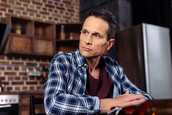 Portrait Pensive Man Looking Away While Sitting Table — Stock Photo, Image