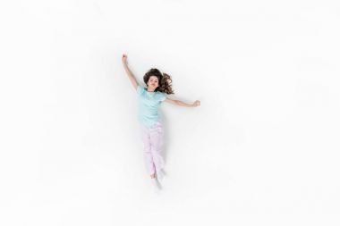 güzel genç kadının üzerinde beyaz izole germe pijama Üstten Görünüm