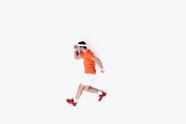 top view of young man in sportswear running isolated on white