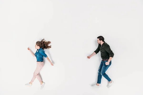 Vista Superior Del Hombre Mujer Que Fingen Caminar Aislados Blanco — Foto de Stock